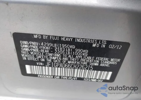 2012 Subaru Impreza 2.0I Premium из США, поврежденный, VIN JF1GPAD66CH226215